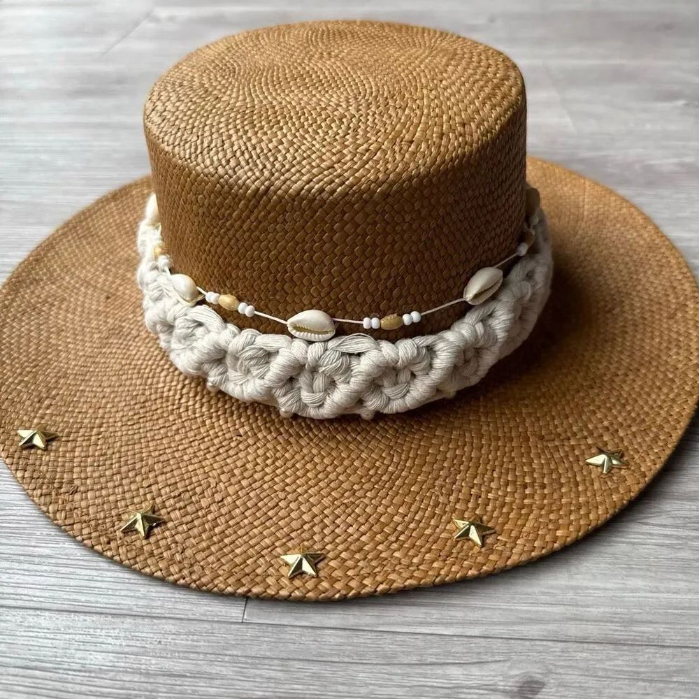 New Colombian Embellished Straw Flat Hat Size Large Boho
